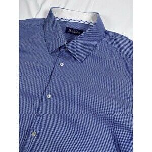 Robert Graham Blue White Micro Houndstooth Dress Shirt 44 17.5 XL Tailored Fit